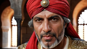 half body shot, middle eastern male ((53 years old)) with medium length grey bear wearing an ornate red turban, roman nose, arabic clothing, eyepatch on left eye, medieval, photograph, realistic, high details, photo-realism, photo, 4k, hi-res photo-realism, detailed, photo,Fang