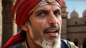 half body shot, middle eastern male ((53 years old)) with medium length grey bear wearing an ornate red turban, roman nose, arabic clothing, eyepatch on left eye, medieval, photograph, realistic, high details, photo-realism, photo, 4k, hi-res photo-realism, detailed, photo,Fang