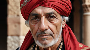 half body shot, middle eastern male with patch over left eye, ((73 years old)) with long grey bear wearing an ornate red turban, roman nose, arabic clothing, medieval, photograph, realistic, high details, photo-realism, photo, 4k, hi-res photo-realism, detailed, photo