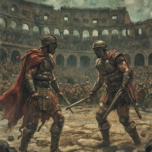 High-contrast photo of a Roman collosseum. Two battle-scarred gladiators face off with gladius in hand as a crowd cheers them on. The scene is violent and cryptic to the eerie and menacing atmosphere. 
textured, lowres, vintage, grainy, dusty, noisy, horror, dark, scary, beautiful, illustration, backlight, light particles, texture,film grain,blurry,d4rkc0mic 