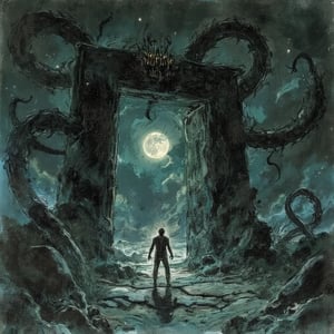 High-contrast photo of a dark black teleportational portal with large tentacles pulling a terrified man into it.  The scene is demonic and evil adding to the eerie and menacing atmosphere. The background features a dark moonlit sky with ominous clouds, with faint light ill
textured, lowres, vintage, grainy, dusty, noisy, horror, dark, scary, beautiful, illustration, backlight, light particles, texture,film grain,blurry,d4rkc0mic 