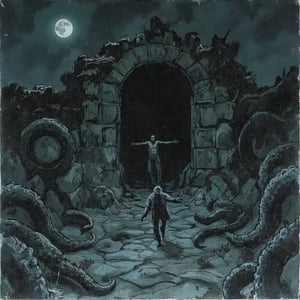 High-contrast photo of a dark black portal with large tentacles pulling a terrified man into it.  The scene is demonic and evil adding to the eerie and menacing atmosphere. The background features a dark moonlit sky with ominous clouds, with faint light ill
textured, lowres, vintage, grainy, dusty, noisy, horror, dark, scary, beautiful, illustration, backlight, light particles, texture,film grain,blurry,d4rkc0mic 