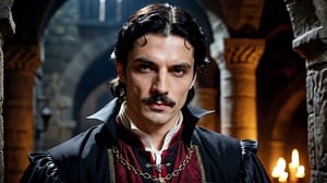 half body shot, regal vampire ((33 years old)) with black hair, curled mustache and roman nose, noble clothes, beautiful demeanor and appearance, handsome, dark atmosphere, dungeon background medieval, photograph, realistic, high details, photo-realism, photo, 4k, hi-res photo-realism, detailed, photo