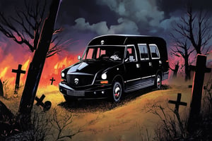 A vibrant comic book-inspired artwork featuring black hearse adorned with skulls, in a creepy graveyard at night, bold color scheme. A dynamic shot captures with ominous storm clouds overhead. Lighting is dark and intense, casting dramatic shadows on the scene. 