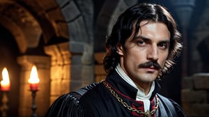 half body shot, regal vampire ((33 years old)) with black shoulder length hair, curled mustache and roman nose, noble clothes, beautiful demeanor and appearance, handsome, dark atmosphere, dungeon background medieval, photograph, realistic, high details, photo-realism, photo, 4k, hi-res photo-realism, detailed, photo