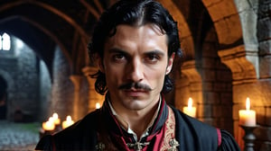 half body shot, regal vampire ((33 years old)) with black hair, curled mustache and roman nose, noble clothes, beautiful demeanor and appearance, handsome, dark atmosphere, dungeon background medieval, photograph, realistic, high details, photo-realism, photo, 4k, hi-res photo-realism, detailed, photo