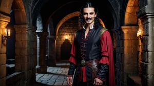 full body shot, regal vampire ((33 years old)) with long black shoulder length hair, curled mustache and roman nose, noble clothes, beautiful demeanor and appearance, handsome, dark atmosphere, dungeon background, grin, medieval, photograph, realistic, high details, photo-realism, photo, 4k, hi-res photo-realism, detailed, photo