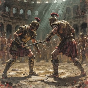 High-contrast photo of a Roman collosseum. Two battle-scarred gladiators face off with gladius in hand as a crowd cheers them on. The scene is violent and cryptic to the eerie and menacing atmosphere. 
textured, lowres, vintage, grainy, dusty, noisy, horror, dark, scary, beautiful, illustration, backlight, light particles, texture,film grain,blurry,d4rkc0mic 