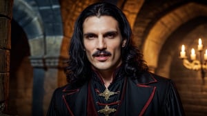 half body shot, regal vampire ((33 years old)) with long black shoulder length hair, curled mustache and roman nose, noble clothes, beautiful demeanor and appearance, handsome, dark atmosphere, dungeon background, medieval, photograph, realistic, high details, photo-realism, photo, 4k, hi-res photo-realism, detailed, photo,Fang