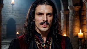 half body shot, regal vampire ((33 years old)) with long black shoulder length hair, curled mustache and roman nose, noble clothes, beautiful demeanor and appearance, handsome, dark atmosphere, dungeon background, medieval, photograph, realistic, high details, photo-realism, photo, 4k, hi-res photo-realism, detailed, photo,Fang