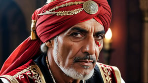 half body shot, middle eastern male with eyepatch on left eye, ((73 years old)) with long grey bear wearing an ornate red turban, roman nose, arabic clothing, eyepatch on left eye, medieval, photograph, realistic, high details, photo-realism, photo, 4k, hi-res photo-realism, detailed, photo