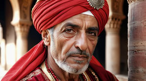 half body shot, middle eastern male with patch over left eye, ((73 years old)) with long grey bear wearing an ornate red turban, roman nose, arabic clothing, medieval, photograph, realistic, high details, photo-realism, photo, 4k, hi-res photo-realism, detailed, photo