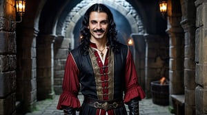 full body shot, regal vampire ((33 years old)) with long black shoulder length hair, curled mustache and roman nose, noble clothes, beautiful demeanor and appearance, handsome, dark atmosphere, dungeon background, grin, medieval, photograph, realistic, high details, photo-realism, photo, 4k, hi-res photo-realism, detailed, photo