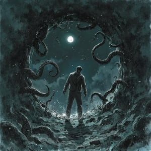 High-contrast photo of a dark black portal with large tentacles pulling a terrified man into it.  The scene is demonic and evil adding to the eerie and menacing atmosphere. The background features a dark moonlit sky with ominous clouds, with faint light ill
textured, lowres, vintage, grainy, dusty, noisy, horror, dark, scary, beautiful, illustration, backlight, light particles, texture,film grain,blurry,d4rkc0mic 