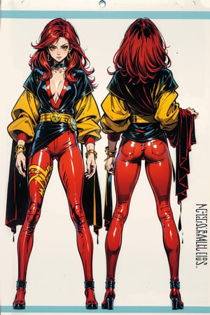 Model sheet from Official Handbook of the Marvel Universe (Master Edition): used for three views (front, side and back). 1girl, warrior, Red Hair, Yellow eyes, urban clothing, black shirt, black pant, red shoes, White aura, magician.