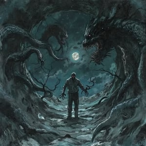 High-contrast photo of a dark black portal with large tentacles pulling a terrified man into it.  The scene is demonic and evil adding to the eerie and menacing atmosphere. The background features a dark moonlit sky with ominous clouds, with faint light ill
textured, lowres, vintage, grainy, dusty, noisy, horror, dark, scary, beautiful, illustration, backlight, light particles, texture,film grain,blurry,d4rkc0mic 