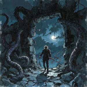 High-contrast photo of a dark black portal with large tentacles pulling a terrified man into it.  The scene is demonic and evil adding to the eerie and menacing atmosphere. The background features a dark moonlit sky with ominous clouds, with faint light ill
textured, lowres, vintage, grainy, dusty, noisy, horror, dark, scary, beautiful, illustration, backlight, light particles, texture,film grain,blurry,d4rkc0mic 