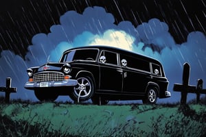 A vibrant comic book-inspired artwork featuring black hearse adorned with skulls, in a creepy graveyard at night, bold color scheme. A dynamic shot captures with ominous storm clouds overhead. Lighting is dark and intense, casting dramatic shadows on the scene. 