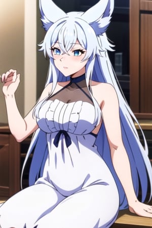 beautiful long-haired demihuman with white/silver hair and blue eyes. She wears a pure bluish white dress that complements her hair, wolf ears