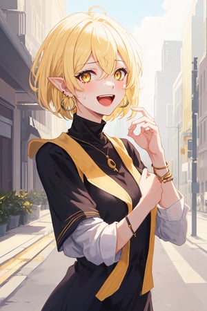 1girl, solo, looking at viewer, smile, short hair, open mouth, bangs, blonde hair, hair between eyes, jewelry, yellow eyes, earrings, pointy ears, sweatdrop