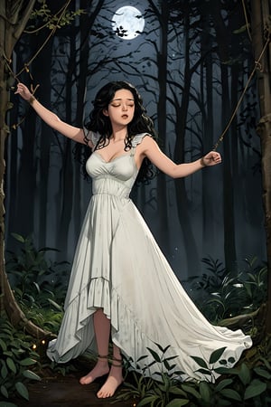 graphic novel illustration, full body, night, low-key, dark forest, ((midnight)), beautiful 30 year old woman, long black hair in tight ringlets, dark amber eyes, wearing a white wedding dress, hourglass figure, standingspreadeagle, eyes closed, orgasmic pleasure showing on her face, high quality, 16k resolution, extremely detailed, ((accurate anatomy)). perfect proportions, candlelight, night, dark, Perfect Hands, highly detailed, 4k, HDR, anatomically accurate, full frame, full frontal watercolor painting,