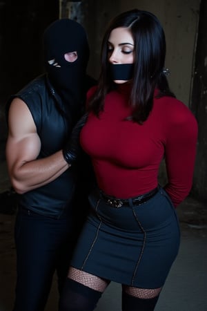 Photo. A young sexy woman who looks like Jessica Alba is kidnapped by a muscular male thug in a balaclava. The thug tightly presses his palm over her mouth, fully covering her mouth. He grabs her from behind. Her arms are behind her back. The woman is feeling sleepy and her eyes are closing. The woman has black straight long hair, wears a red turtleneck sweater, a charcoal pencil skirt with a belt, and fishnet pantyhose over knee high boots. Dark alley background. bleach bypass.