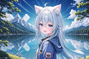 1girl, outdoors, animal_ears, solo, blue_eyes, blue_hair, looking_at_sky, mountain, smile, cloud, sky, long_hair, lake, bangs, tree, cat_ears, without the human ear, mountainous_horizon, open_mouth, hair_between_eyes, cloudy_sky, reflection, upper_body, Traverse Jacket, day, scenery, blush, water, extra_ears, from_side, animal_ear_fluff,light,detail