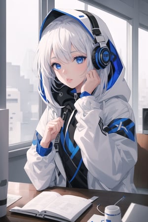 1girl, solo, blue_eyes, hood, short_hair, looking_at_viewer, hood_down, white_hair, headphones, parted_lips, bangs, upper_body, hoodie, white_hoodie, hooded_jacket, cable, jacket, zipper, white_jacket, indoors, lips