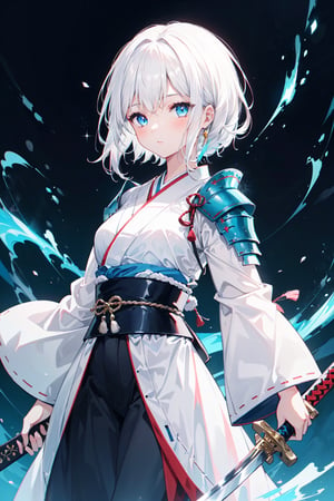 1girl, japanese armor, white hair, blue eyes, sword, ((holding sword)), blue flames, glowing weapon, light particles, wallpaper, chromatic aberration,Add more details