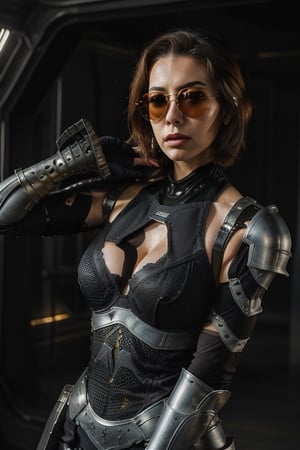 Brown hair, short haircut, Futuristic sun glasses orange shade, white kevlar partial armor, armor tank top, armor with dark parts, busty, Sexy, stunningly beautiful Vanessa Z. Schneider from Product Number 03 , ultra realistic, ultra detailed, in the style of 2020s film, futuristic facility background,lora_claire