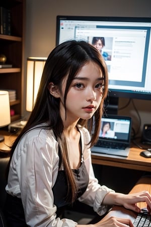 an asian girl working in front of computer, (Masterpiece, Top Quality, Best Quality, Official Art, Beauty and Aesthetics: 1.2), hdr, smile, bottom shot,  1girl, beautiful face, cute face, soft makeup, gradient lips, finger details, background details, ambient lighting, extreme details, cinematic shots, realistic illustrations, (Ultra Detail:1.2),
