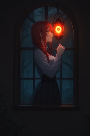 score_7_up, score_8_up, score_9, 1 girl, makima (chainsawman), behind a window, long red hair, glowing orange eyes, distant view, away from the camera, dark background, forest, looking at the window, masterpiece, best quality, high quality, horror, terror