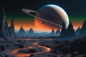 A stunning, cinematic shot of a fictional planet, a celestial body resembling Saturn, but with a captivating blue hue and mountainous green continents. From a (near-orbiting vantage point), the camera is positioned close to the thin fine ring, made up of billions of tiny, icy asteroids that encircles this distant world. In the background, a soft orange nebula stretches across the inky blackness of space, serving as a dramatic backdrop for this otherworldly scene.