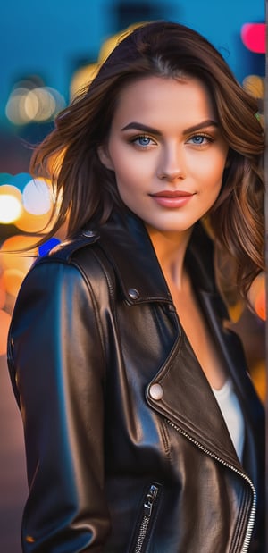 A beautiful woman with striking blue eyes and a confident smile poses against a backdrop of a bustling cityscape at dusk. She is dressed in chic, contemporary fashion, with a stylish leather jacket and accessories. The city lights create a vibrant bokeh effect, enhancing the urban vibe. The scene is captured with a Canon EOS 5D Mark IV, using an 85mm lens, f/1.4 aperture, 1/125 shutter speed, ISO 400. The image highlights modern elegance and dynamic energy, with detailed illustrations and dramatic lighting, creating a captivating scene.