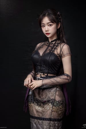 masterpiece, high quality:1.5), (8K, HDR), masterpiece, best quality, 1girl, solo, PrettyLadyxmcc,OrgLadymm,gradient black background,long_ponytail,MARC BOUWER- Eve Gown(Plunging Neckline, Cape Sleeves, Fitted Bodice, Banded Waist, Long A-Line Skirt, Sweep Train, Evening Dress, Imported, Dry Clean, Color: dove gray),