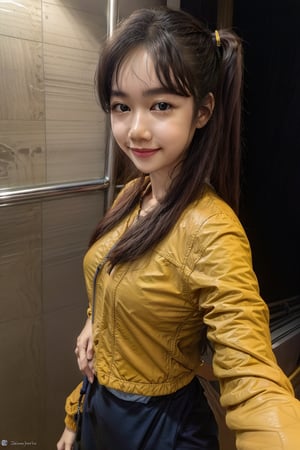 1girl, solo, long hair,long_ponytail,realstic,photorealstic,4k,upper_body,The person in the picture is a young woman with long dark hair. She is wearing a yellow jacket over a blue shirt, and she has a white bag slung over her shoulder. She has a slight smile on her face.(background:simple color),Prettytestmc