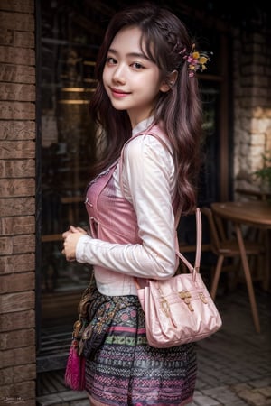 A serene portrait of a youthful woman with raven locks flowing down her back. She stands confidently, wearing a vibrant pink jacket layered over a crisp white shirt, with a matching white tote bag slung effortlessly over her shoulder. Her slender hands form a symbolic peace sign, while a gentle smile plays on her lips, radiating calmness and optimism.
