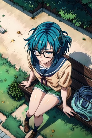 (masterpiece, high resolution, anime: 1.3), lazy girl with a sleepy face, (messy, short blue hair: 1.2), glasses, bored face, wearing sloppy clothes, shorts,  sitting in the middle of a plaza, (shades of green and brown: 1.1), shadows of people in the background, (soft sunlight: 1.1), relaxed atmosphere, scattered leaves on the ground, worn-out stone benches, slight breeze ruffling her hair, subtle details,Bird eye view, egirlmakeup,sumireko_sanshokuin, add_detail: 1.0