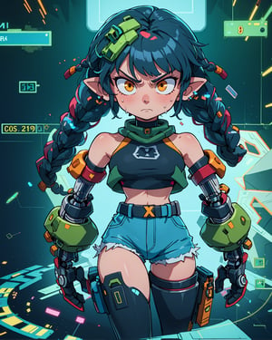score_9, score_8_up, score_7_up, High resolution, extremely detailed, atmospheric scene, masterpiece, best quality, 64k, high quality, best quality, solo, black monhawk, sidebraids, hair bangs, pale skin, serious face, empty expression, mechanical arms, cybernetically_enhanced, cowboy shot, dynamic pose, augmented_body, mecha legs, cybernetic ears, large tank top, cyber jacket, bare shoulders, shorts, belt, utility thigh straps mecha gun fire, shoes, space ship, terminal, cybernetic atmosphere, flying_sweatdrops,girl,EnvyBeautyMix23,milf,hackedtech