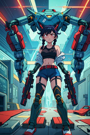 score_9, score_8_up, score_7_up, High resolution, extremely detailed, atmospheric scene, masterpiece, best quality, 64k, high quality, best quality, solo, black spike hair, sidebraids, hair bangs, pale skin, serious face, empty expression, mechanical arms, cybernetically_enhanced, dynamic pose, augmented_body, mecha legs, cyberpunk body, cybernetic eyes, large tank top, cyber jacket, bare shoulders, shorts, belt, utility thigh straps mecha gun fire, shoes, space ship, terminal, cybernetic atmosphere, red hacked world, red alert, flying_sweatdrops,girl,milf,hackedtech