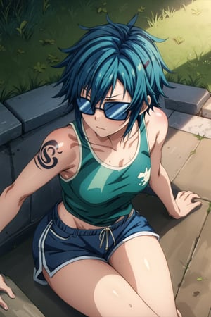 (masterpiece, high resolution, anime: 1.3), lazy girl with a sleepy face, (messy, short blue hair: 1.2), bored face, wearing sloppy clothes, shorts, tank top, thigh tattooes, sport shoes,  sitting in the middle of a plaza, (shades of green and brown: 1.1), shadows of people in the background, (soft sunlight: 1.1), relaxed atmosphere, scattered leaves on the ground, worn-out stone benches, slight breeze ruffling her hair, subtle details,Bird eye view, sumireko_sanshokuin, add_detail: 1.0,Black,Tomboy