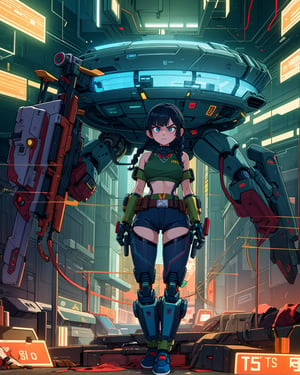 score_9, score_8_up, score_7_up, High resolution, extremely detailed, atmospheric scene, masterpiece, best quality, 64k, high quality, best quality, solo, black spike hair, sidebraids, hair bangs, pale skin, serious face, empty expression, mechanical arms, cybernetically_enhanced, dynamic pose, augmented_body, mecha legs, cyberpunk body, cybernetic eyes, large tank top, cyber jacket, bare shoulders, shorts, belt, utility thigh straps mecha gun fire, shoes, space ship, terminal, cybernetic atmosphere, red hacked world, red alert, flying_sweatdrops,girl,EnvyBeautyMix23,milf,hackedtech