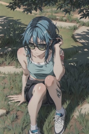 (masterpiece, high resolution, anime: 1.3), lazy girl with a sleepy face, (messy, short blue hair: 1.2), glasses, bored face, wearing sloppy clothes, shorts, tank top, thigh tattooes, sport shoes,  sitting in the middle of a plaza, (shades of green and brown: 1.1), shadows of people in the background, (soft sunlight: 1.1), relaxed atmosphere, scattered leaves on the ground, worn-out stone benches, slight breeze ruffling her hair, subtle details,Bird eye view, egirlmakeup,sumireko_sanshokuin, add_detail: 1.0,Black