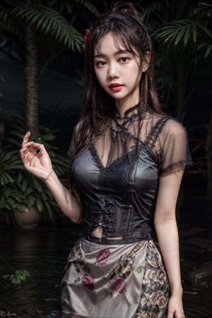 masterpiece, high quality:1.5), (8K, HDR), masterpiece, best quality, 1girl, solo, PrettyLadyxmcc,OrgLadymm,long_ponytail,
1girl, solo, long hair, skirt, shirt, black hair, jewelry, outdoors, blurry, realistic,((sexy pose)),wet_clothing,garden,arms_raised,MARC BOUWER- Eve Gown(Plunging Neckline, Cape Sleeves, Fitted Bodice, Banded Waist, Long A-Line Skirt, Sweep Train, Evening Dress, Imported, Dry Clean, Color: dove gray),