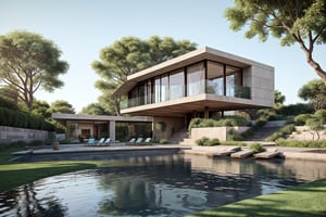 Modern style, house building, interior furniture, exterior house, contemporary style, (red clay brick) wall, granite floor, glass window, (realistic:1.2), Masterpiece, high quality, best quality, finish white paint , garden trees, water pool, grass yard, (lighting interior:1.2), day light blue sky, UHD 8K,Enhance