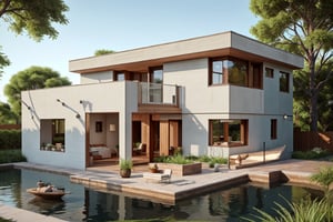 Modern style, house building, interior furniture, exterior house, contemporary style, (red clay brick) wall, granite floor, glass window, (realistic:1.2), Masterpiece, high quality, best quality, finish white paint , garden trees, water pool, grass yard, (lighting interior:1.2), day light blue sky, UHD 8K,Enhance