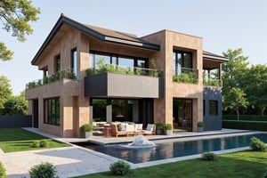 Modern style, villa building, interior furniture, exterior house, contemporary style, (red clay brick) wall, granite floor, glass window, (realistic:1.2), Masterpiece, high quality, best quality, finish white paint , garden trees, water pool, grass garden base, (lighting interior:1.2), day light blue sky, UHD 8K, rowhouse,brick house, Enhance, modern villa,