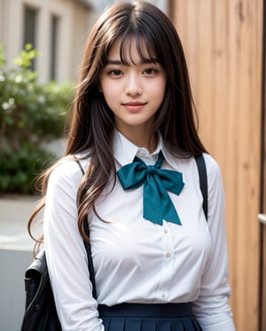 Generate hyper realistic image of a young 18 years old girl  with luscious, long hair cascading down her back, wearing a tailored jacket over a white shirt and a pleated skirt. Her brown hair is complemented by blunt bangs that frame her face. With a gentle smile on her lips, she stands with poise , her green eyes radiating warmth. The subtle hint of a bow adds a charming touch to her school uniform attire.
