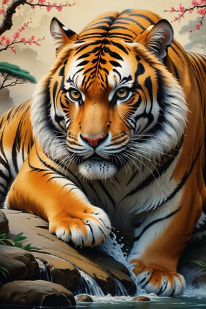 masterpiece, high quality, realistic aesthetic photo ,(HDR:1.2), pore and detailed, intricate detailed, graceful and beautiful textures, RAW photo, 16K,   sharp forcus, vibrant colors, movie Poster,              
ancient ink wash painting, tiger,classical Asian art,Movie Poster,oil painting