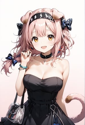 score 9, score 8 up, score 7 up, rating questionable,detailed background,aroused,cinematic lighting,dynamic lighting, source_anime,
1girl, goldenglow (arknights), breasts, solo, animal ears, fang, tail, pink hair, dress, cat tail, cat ears, cleavage, large breasts, black dress, braid, smile, black hairband, jewelry, hairband, long hair, open mouth, looking at viewer, :d, white background, bag, bow, choker, cat girl, blush, black choker, yellow eyes, bare shoulders, gradient background, blue bow, bracelet, bangs, hair bow, gradient, simple background, strapless, necklace, single braid, black bow, alternate costume, hand up, upper body, skin fang, infection monitor (arknights), collarbone, strapless dress, pink background, handbag